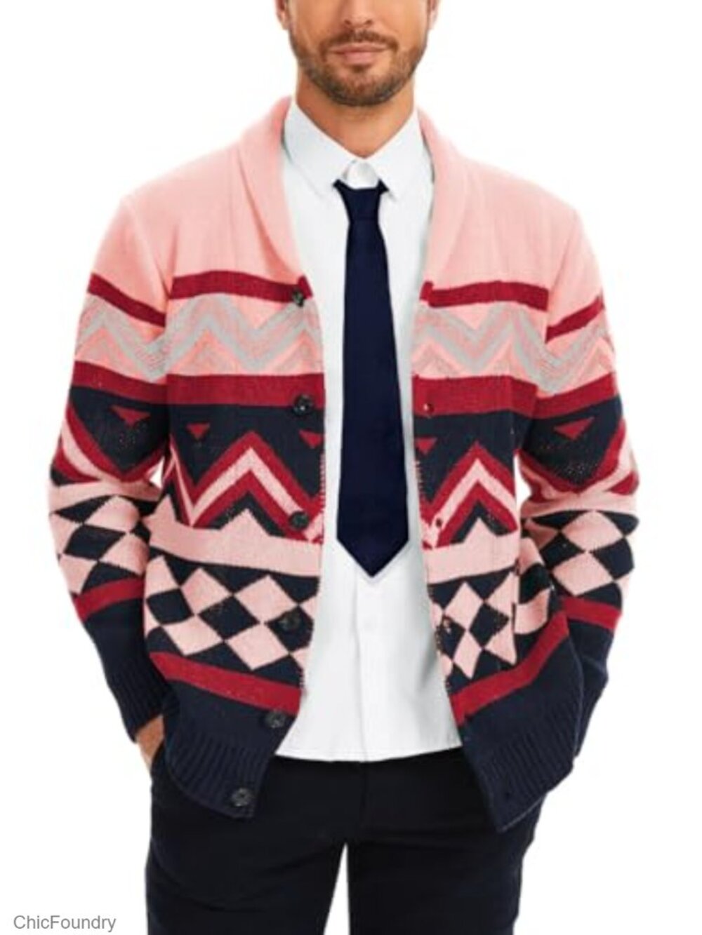 Shawl Collar Chunky Knit Cardigan Long Sleeve Button Down Color Block